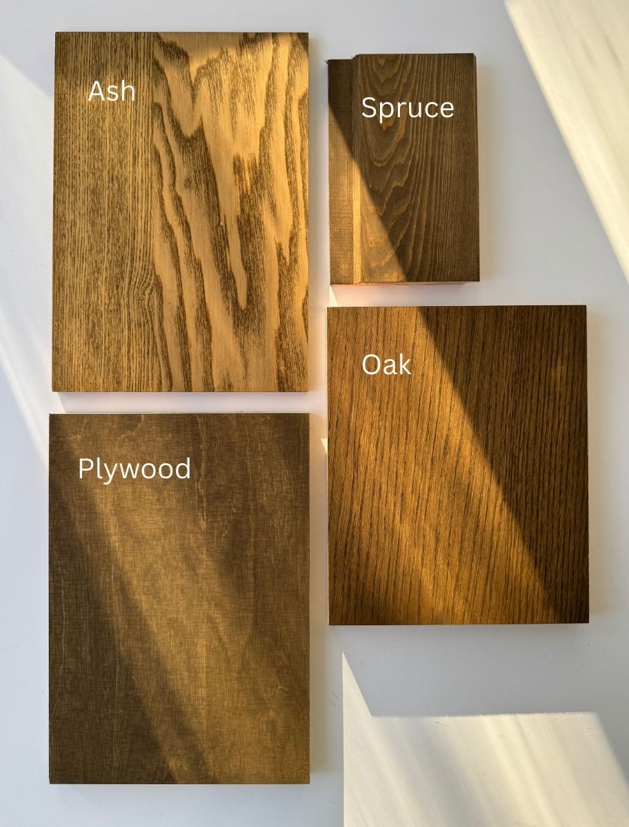 Wood plank samples in different Tinted Hard Wax Oil shades – oak, spruce, plywood, ash
