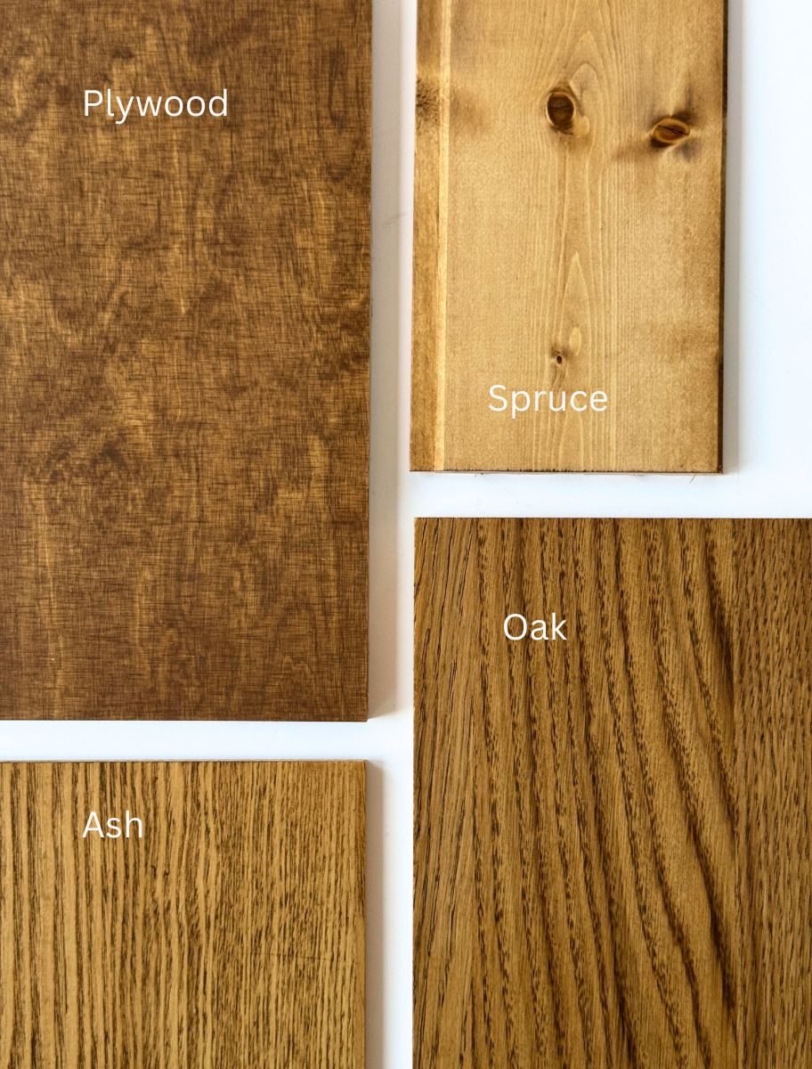 Wood plank samples in different Tinted Hard Wax Oil Nut shades – oak, spruce, plywood, ash
