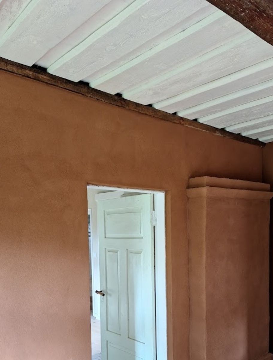 A wooden ceiling and door with Seagull shade Linseed Oil Paint.
