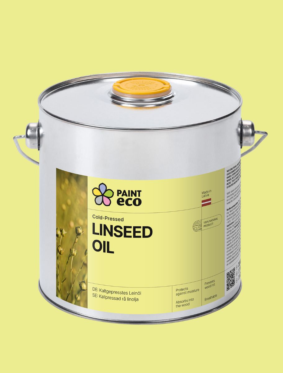 A large metal container of Paint Eco Cold-Pressed Linseed Oil with a yellow label, featuring the product name and an image of linseed plants.