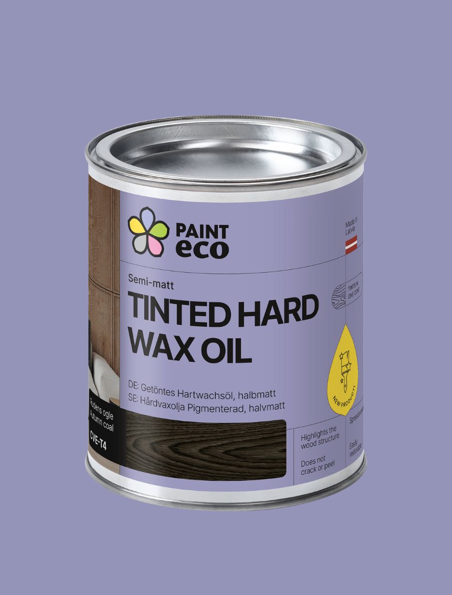 Metal can of Paint Eco Tinted Hard Wax Oil on a purple background CVE-T4 color