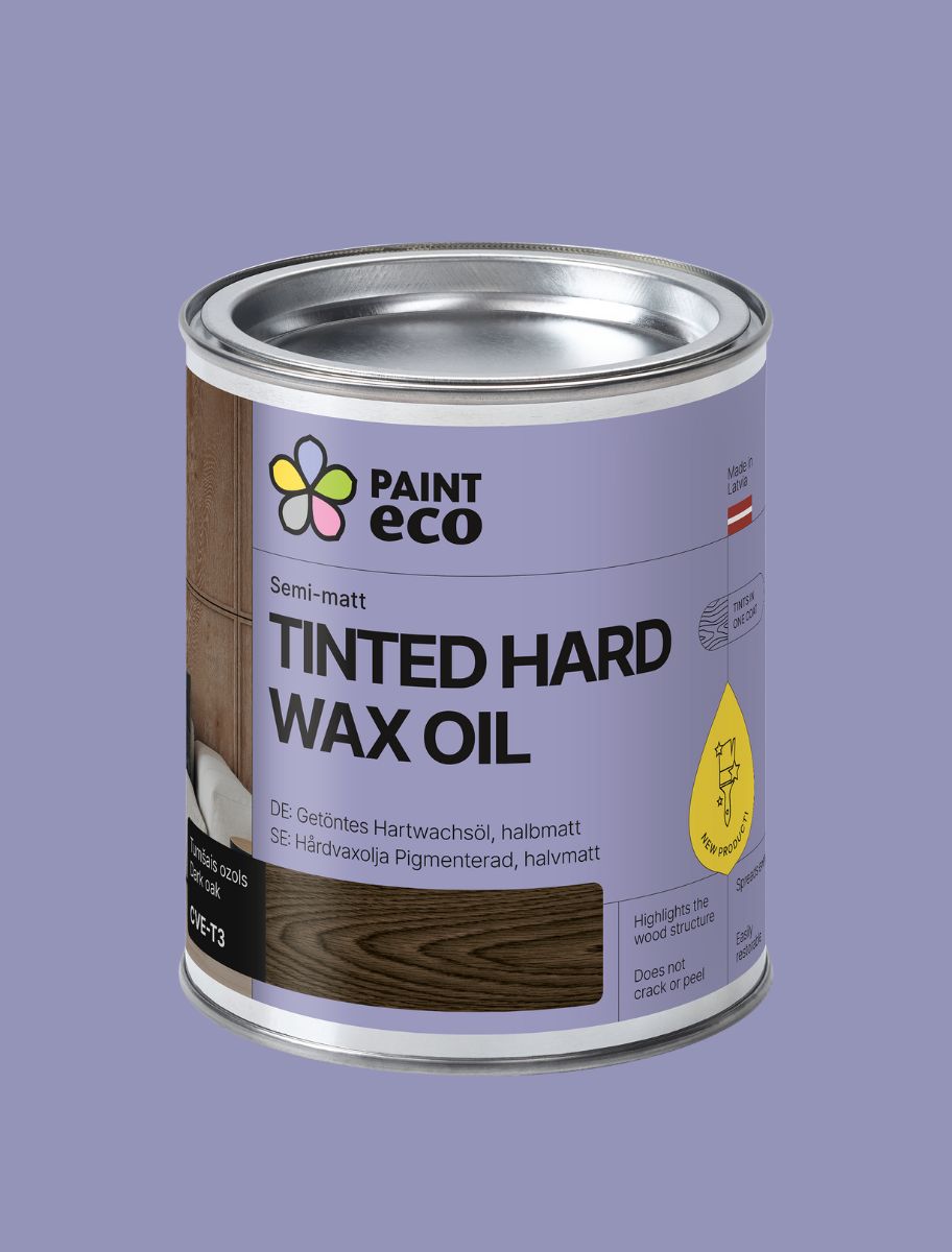 Paint Eco Tinted Hard Wax Oil can on a purple background – Dark oak shade
