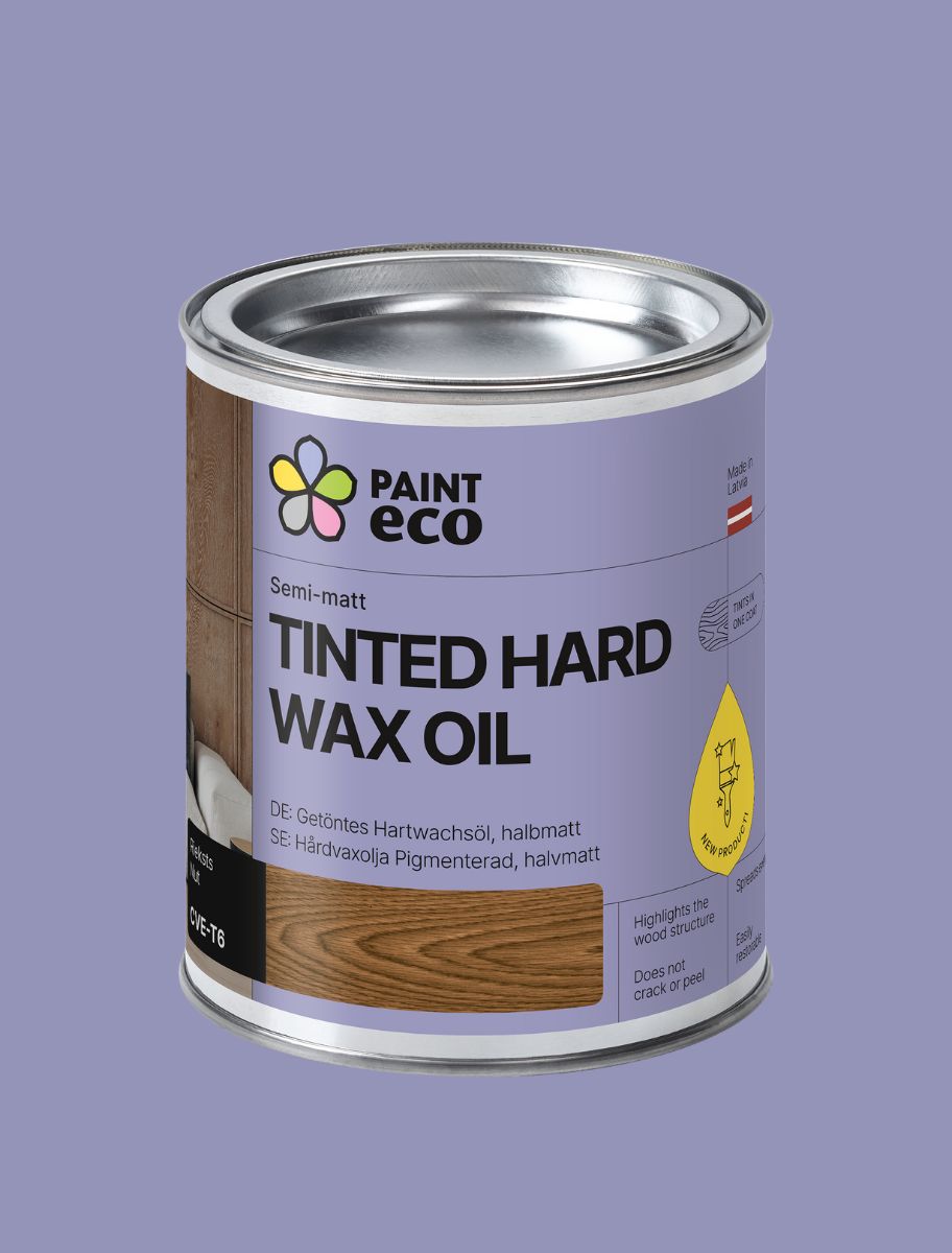 Paint Eco Tinted Hard Wax Oil Nut shade can with a purple background