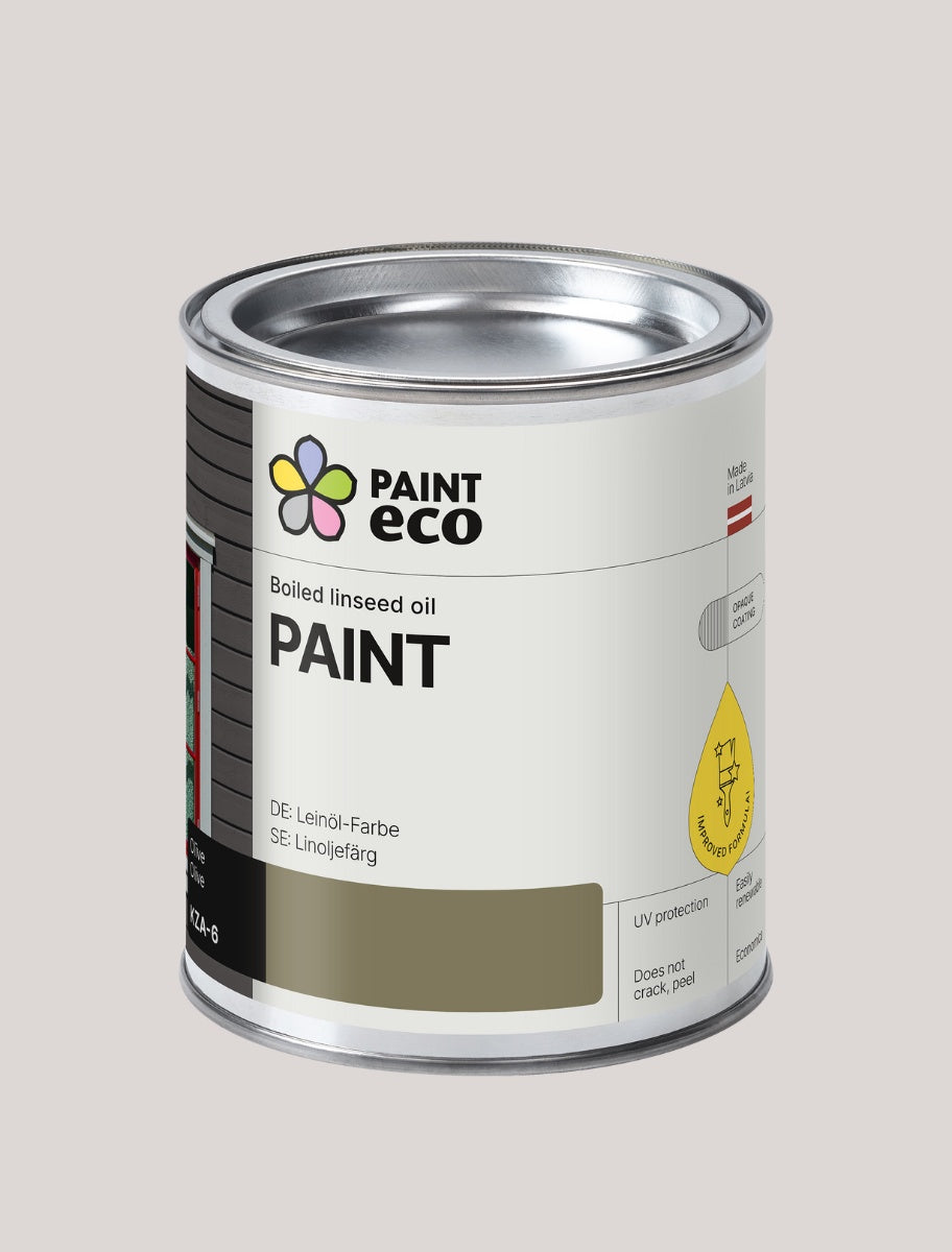A small can of Paint Eco paint in Olive shade