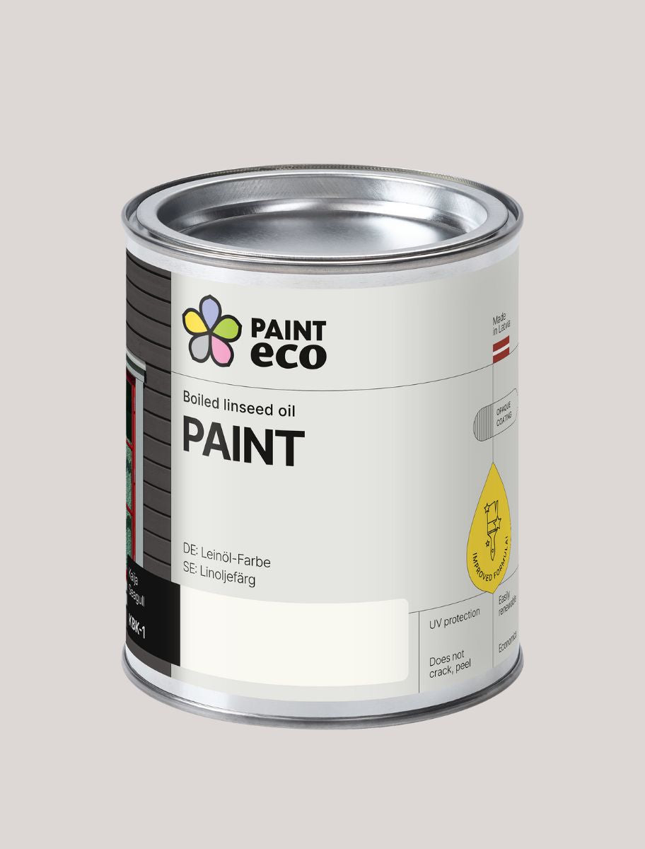 A smaller metal container of Paint Eco paint with a silver lid in Seagull shade.