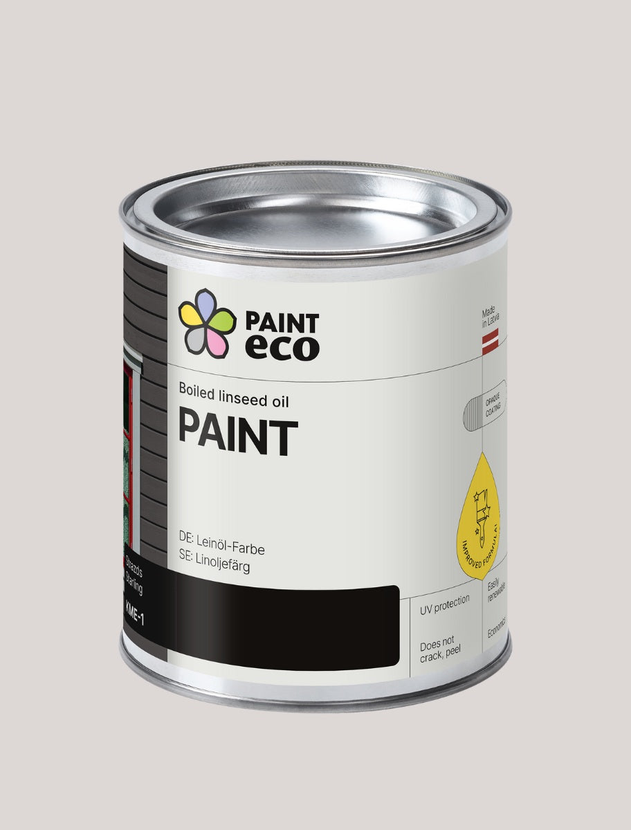 A smaller metal container of Paint Eco paint Starling shade with a silver lid, featuring product information on the label.