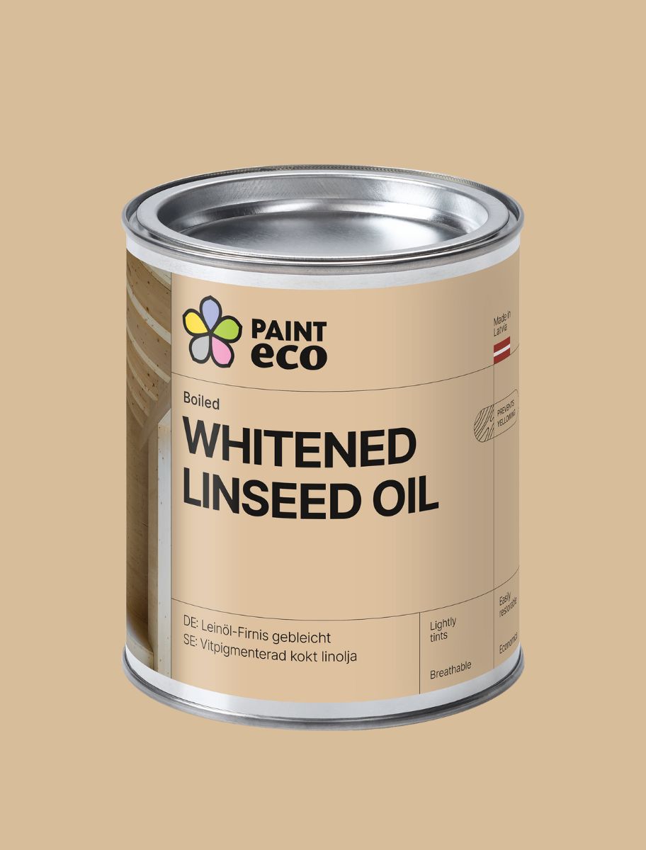 A metal can of Paint Eco Whitened Boiled Linseed Oil with a beige label, displayed against a neutral background.