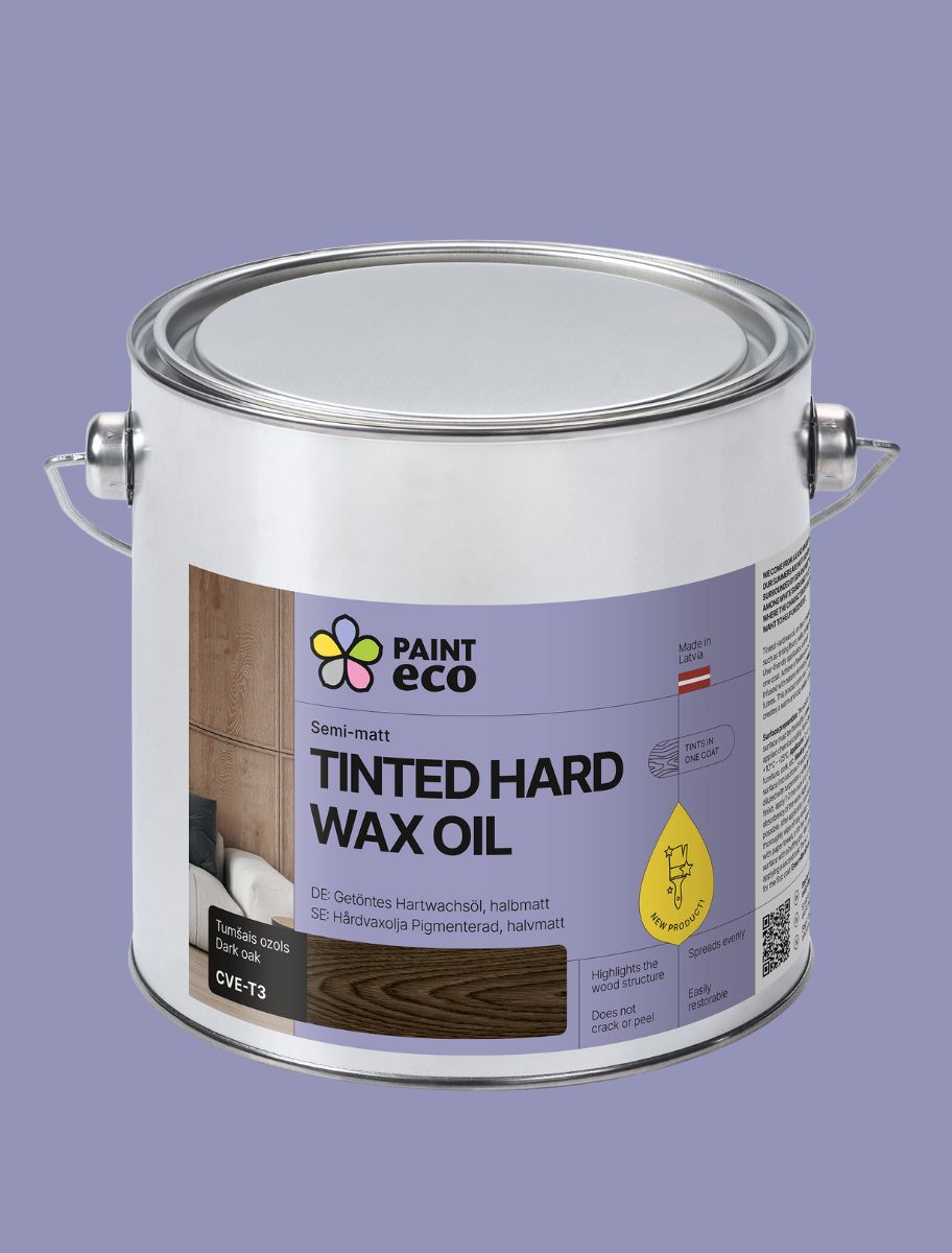 Paint Eco Tinted Hard Wax Oil can on a purple background – dark oak shade in 2.5 L volume