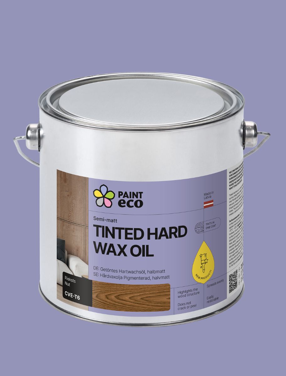 Paint Eco Tinted Hard Wax Oil metal can on a purple background Nut CVE-T6 shade
