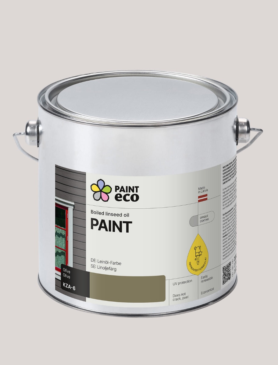 A large metal can of Paint Eco natural paint in Olive shade, labeled with eco-friendly details.