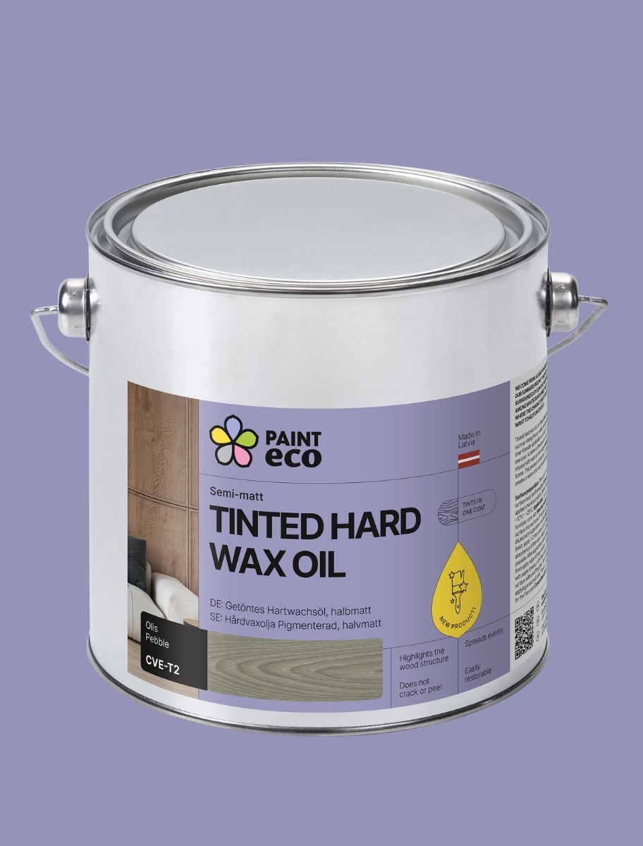 2.5L Paint Eco Tinted Hard Wax Oil Pebble shade can with a purple background