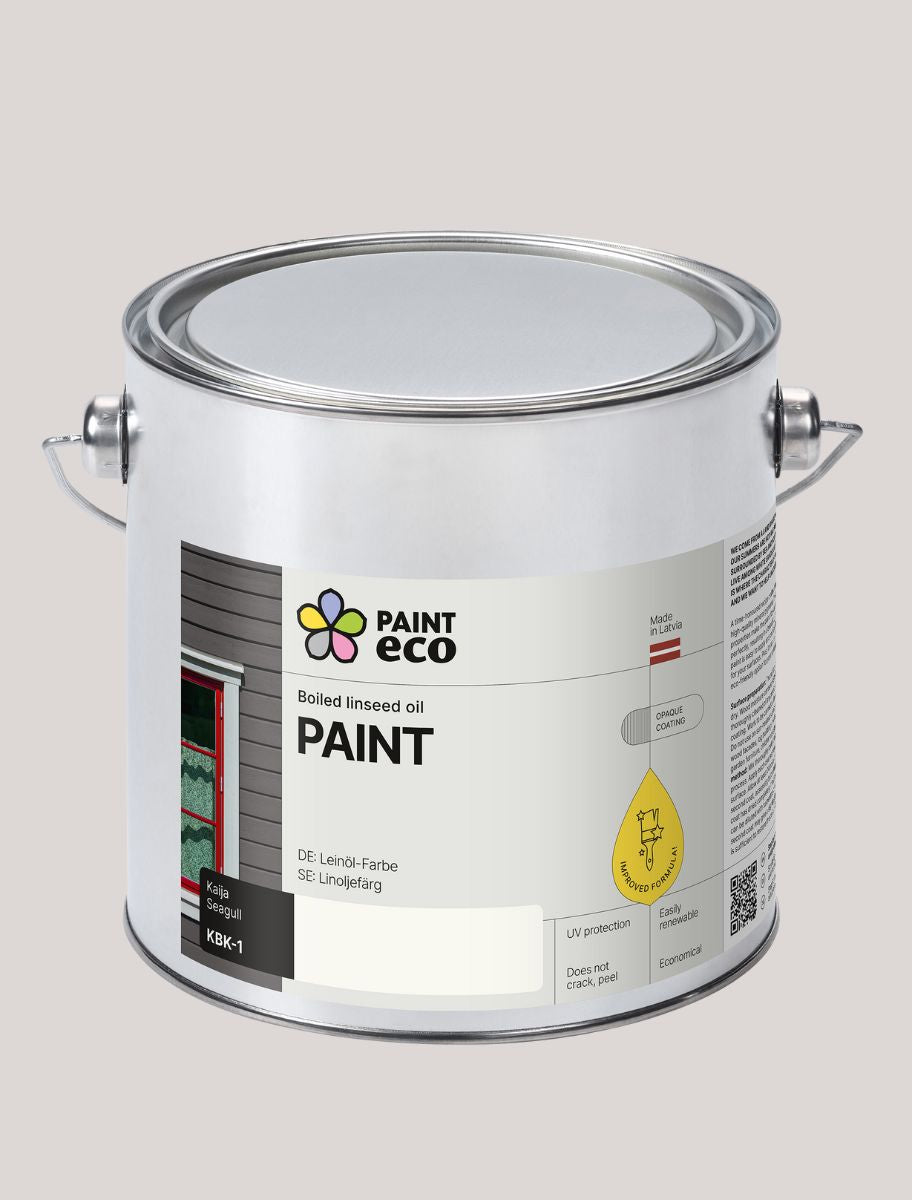 A metal container of Paint Eco paint with a silver lid in Seagull shade 2.5L size.