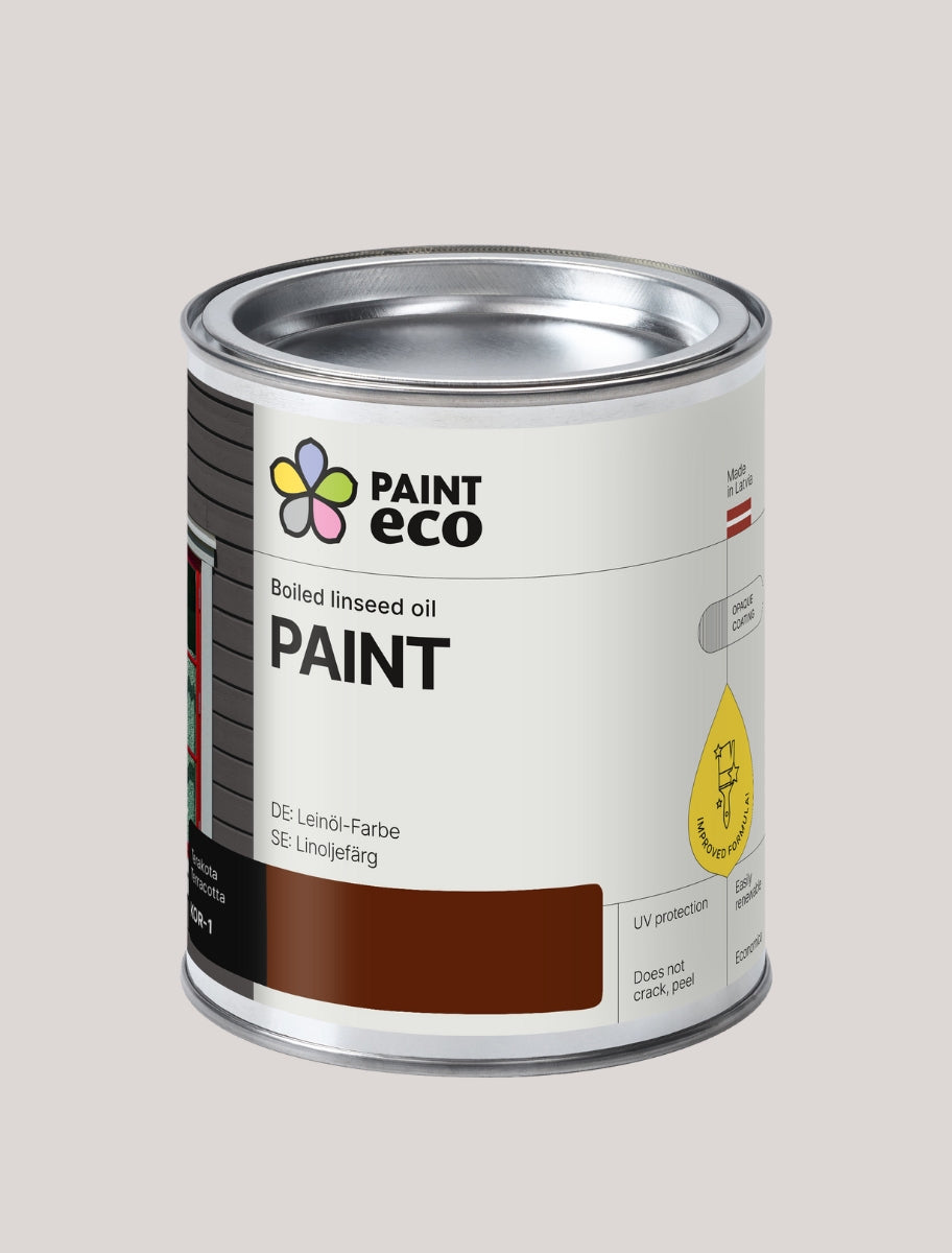 A small can of Paint Eco paint in a warm brown Terracotta shade, labeled as natural and eco-friendly.