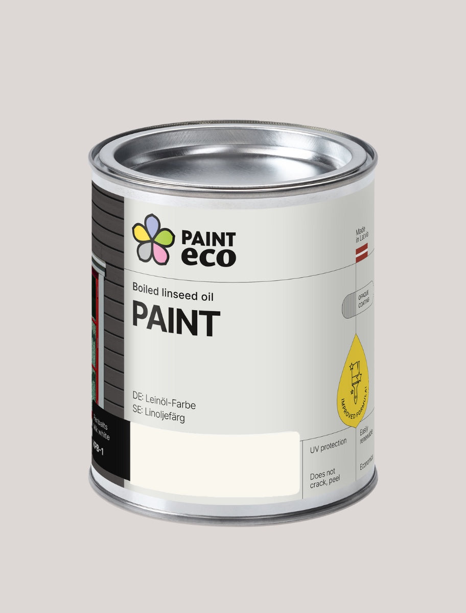 A metal container of Paint Eco Cold-Pressed Linseed Oil Paint in Milk white KPB-1 shade.