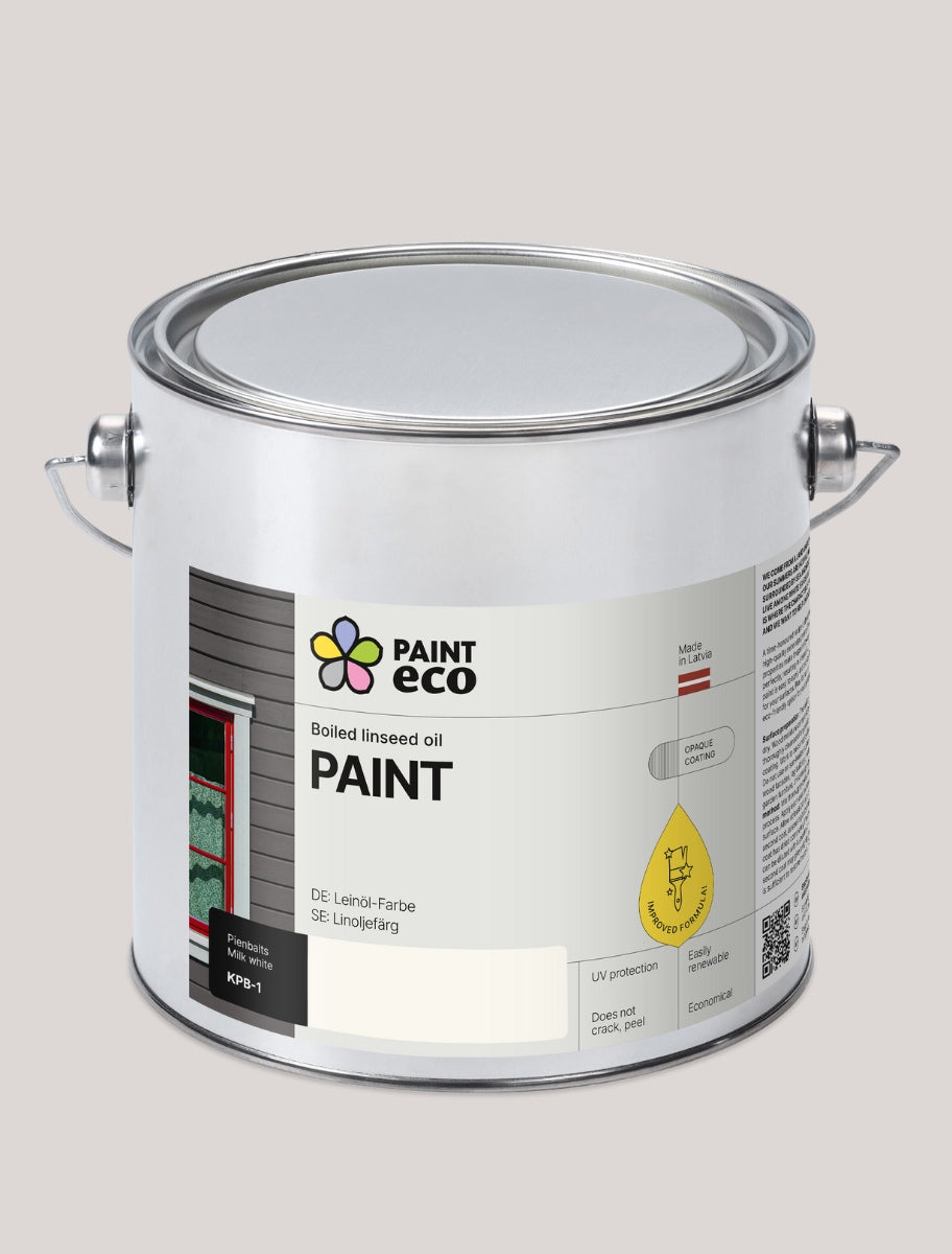 A metal container of Paint Eco Cold-Pressed Linseed Oil Paint in Milk white KPB-1 shade 2.5L size.