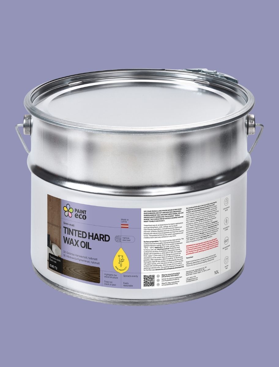 10 L volume metal can of Paint Eco Tinted Hard Wax Oil with a purple background