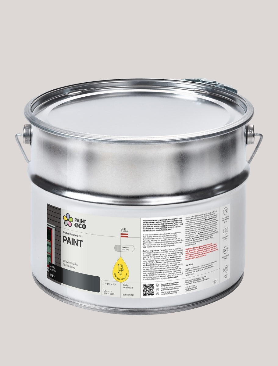 A large PaintEco Boiled linseed oil PAINT can in Graphite shade 10L size