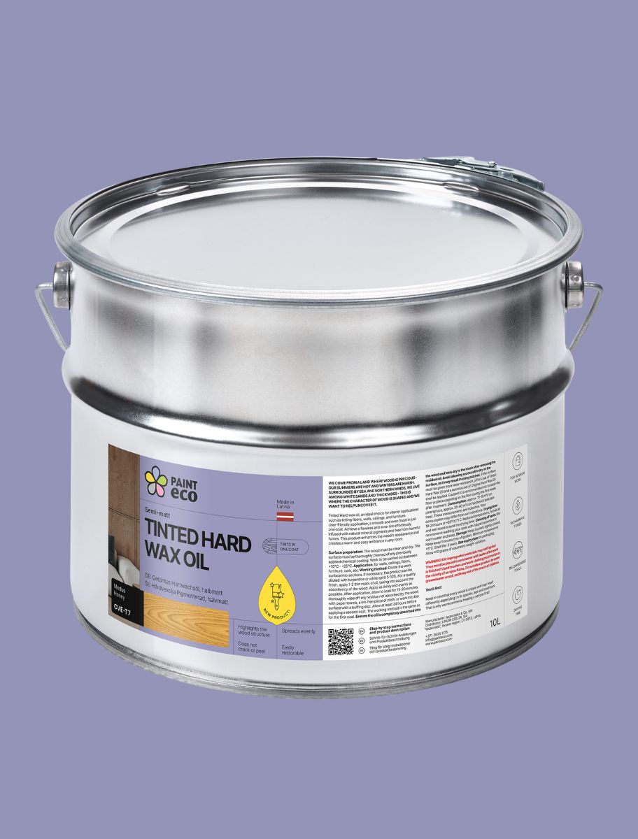 10L Large metal can of Paint Eco Tinted Hard Wax Oil in Honey shade with a purple background