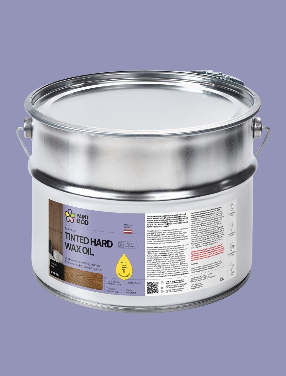 Large metal can of Paint Eco Tinted Hard Wax Oil Nut shade with a purple background