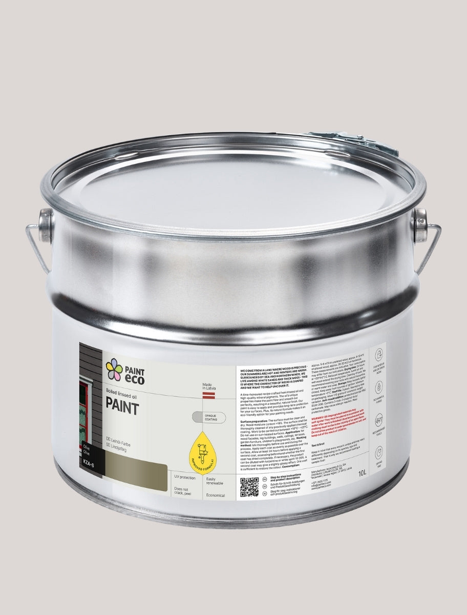 Large metal can of Paint Eco Linseed Oil Paint in Olive shade 10L size.