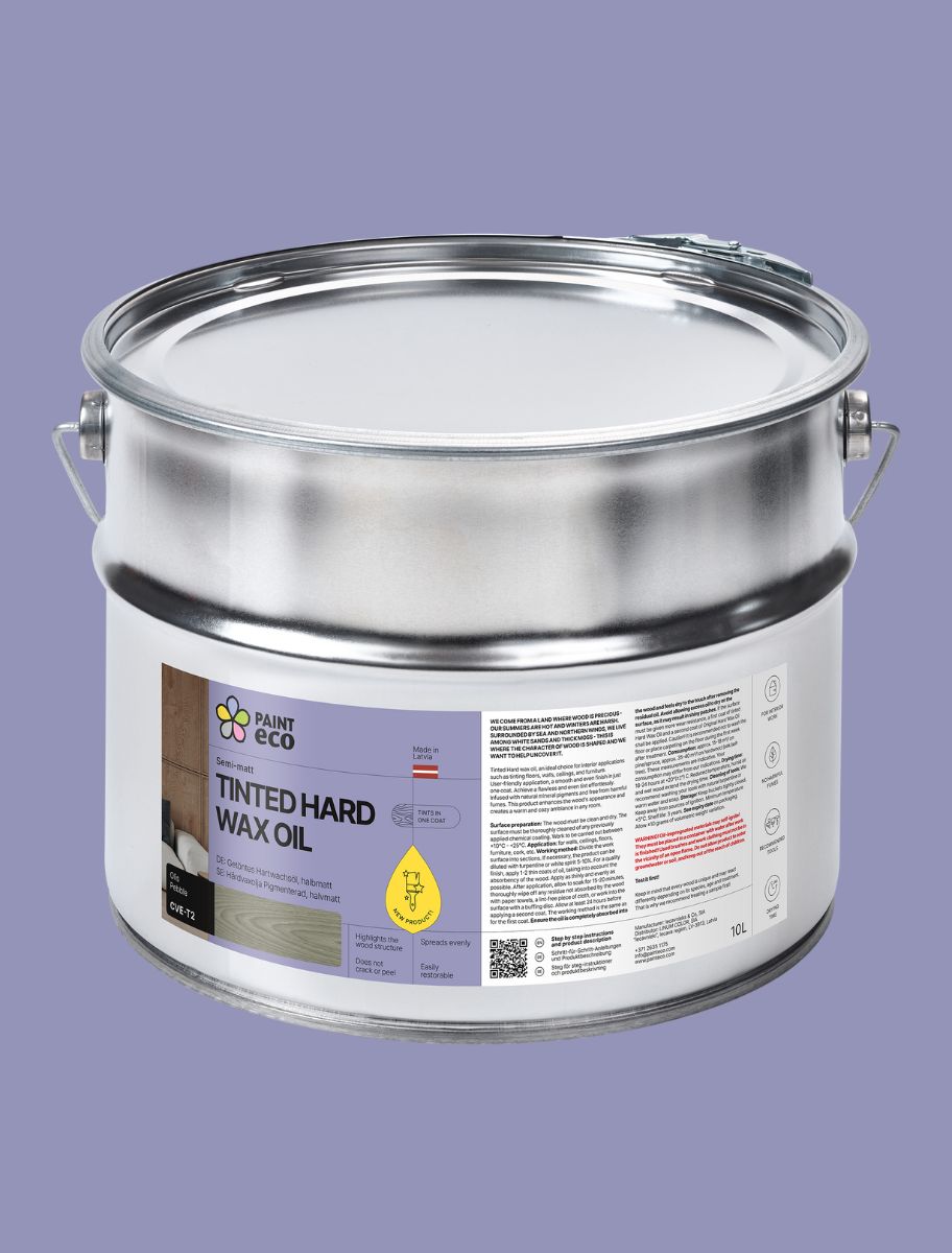 10L Large metal can of Paint Eco Tinted Hard Wax Oil Pebble shade with a purple background