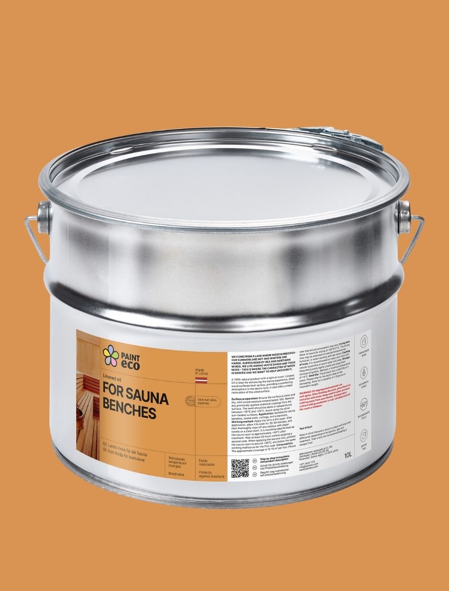 Paint Eco linseed oil-based treatment for sauna benches in a 10L metal container with a detailed product label on a warm brown background.