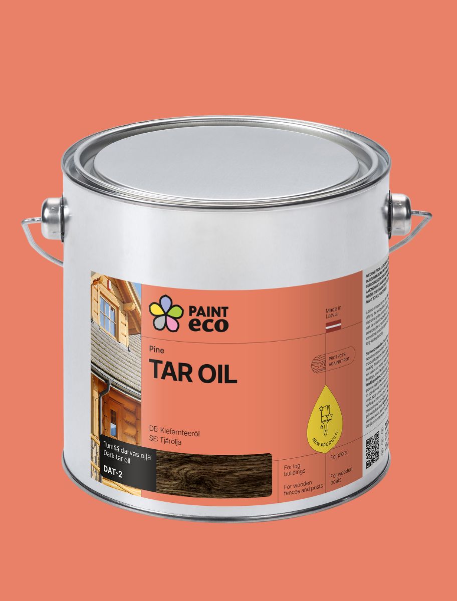 Large 2.5L PAINT ECO Tar Oil container for eco-friendly wood protection and deep penetration.
