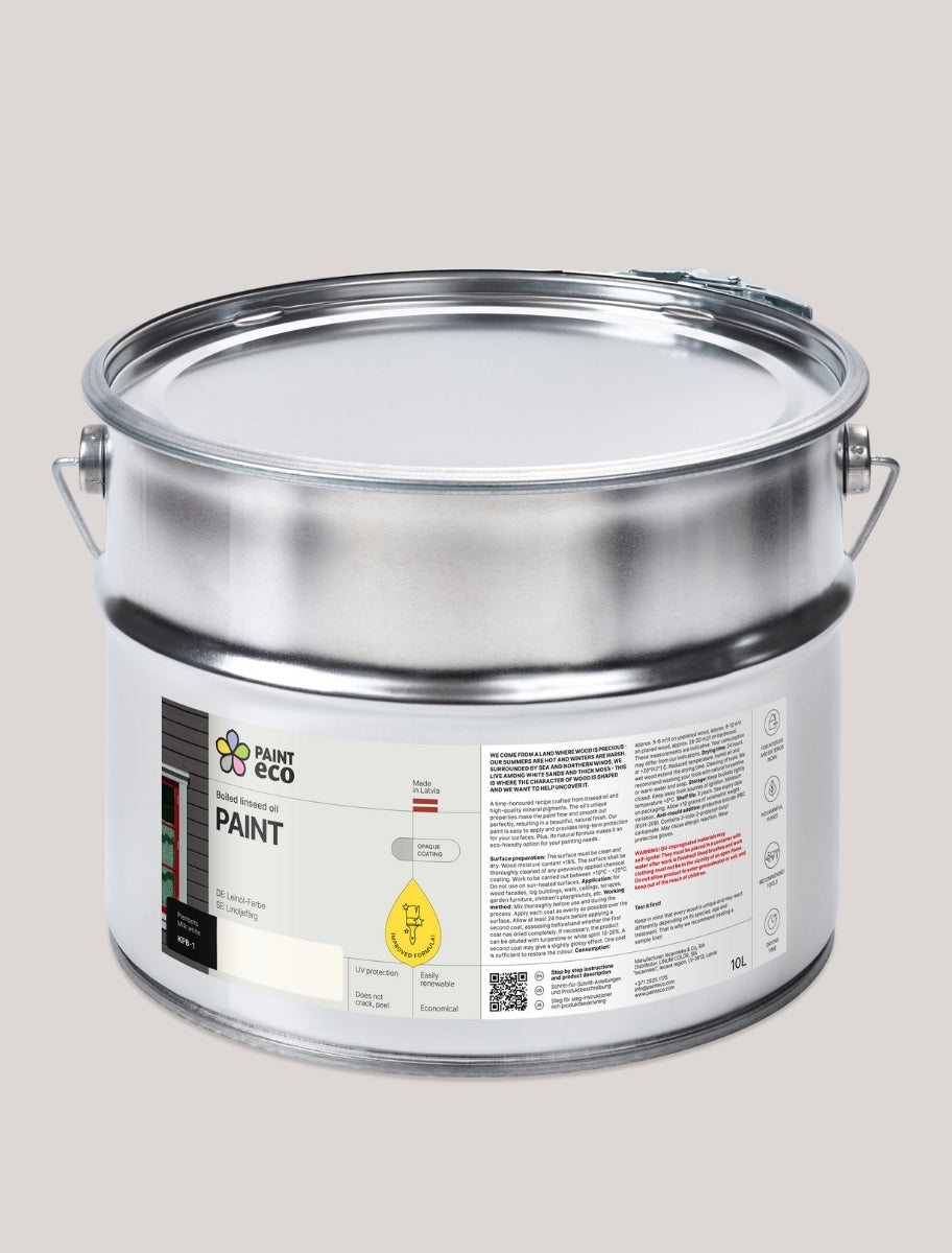 A large metal container of Paint Eco Cold-Pressed Linseed Oil Paint in Milk white KPB-1 shade 10L size.