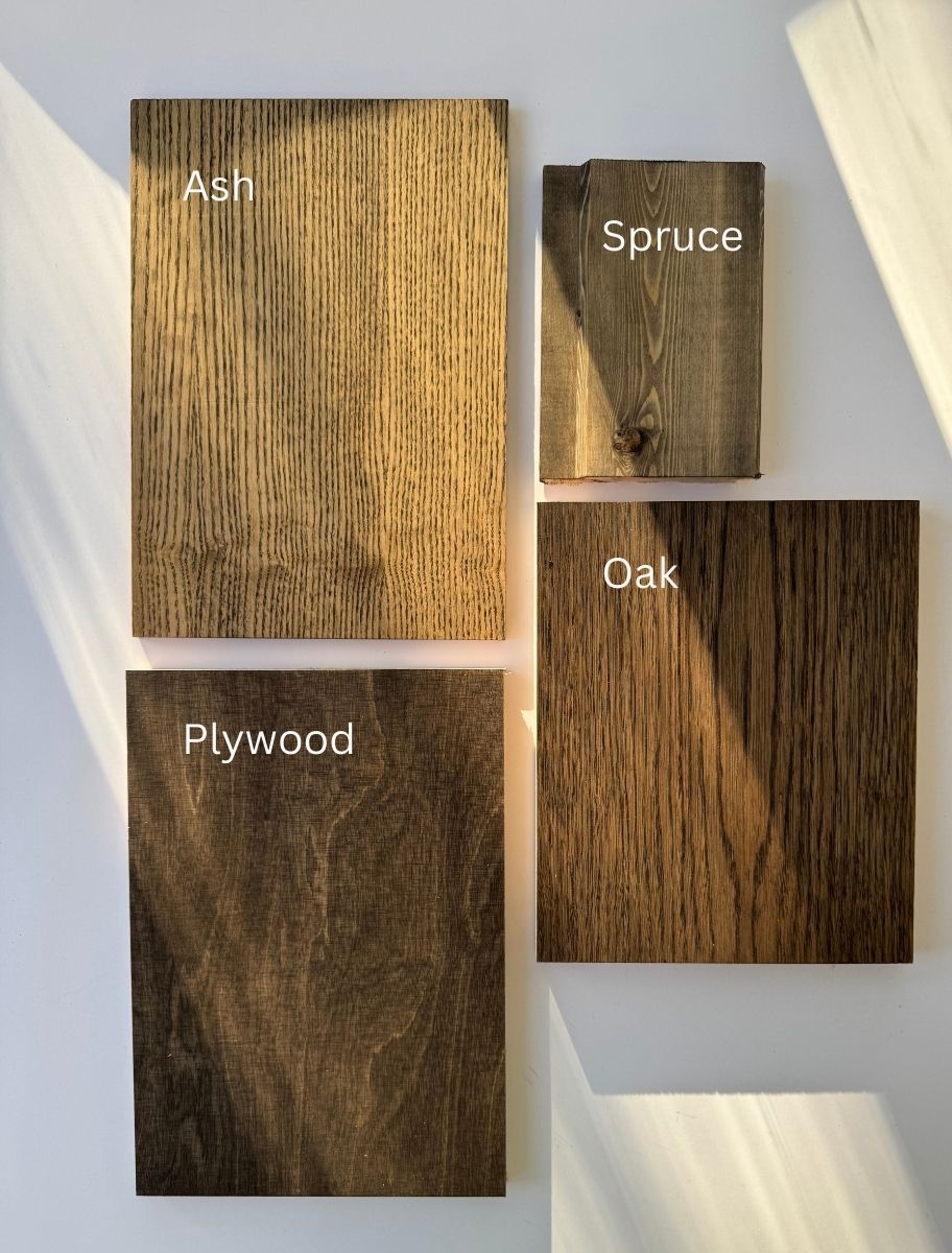 Various wood types coated with Paint Eco Hard Wax Oil in Dark Oak shades