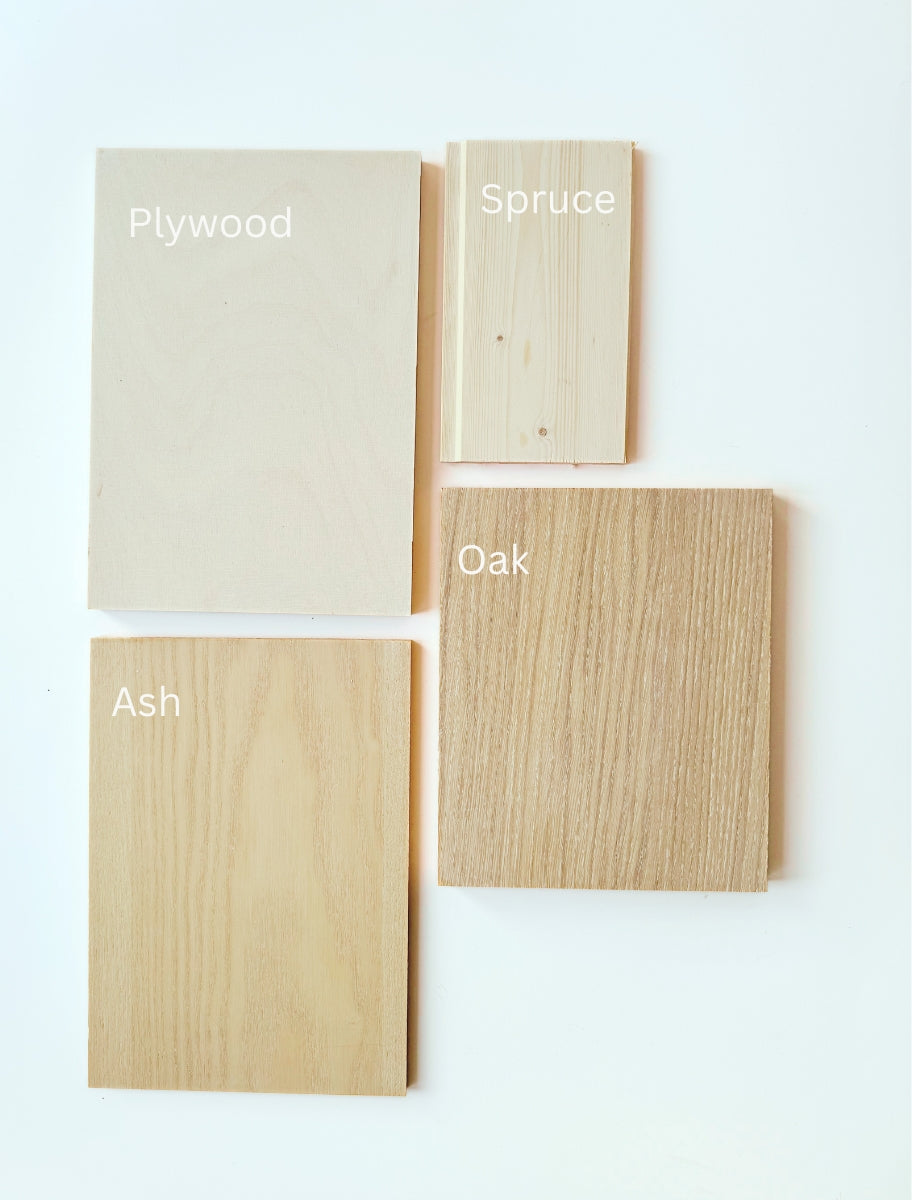 Wood plank samples in different Tinted Hard Wax Oil Frost shades – oak, spruce, plywood, ash