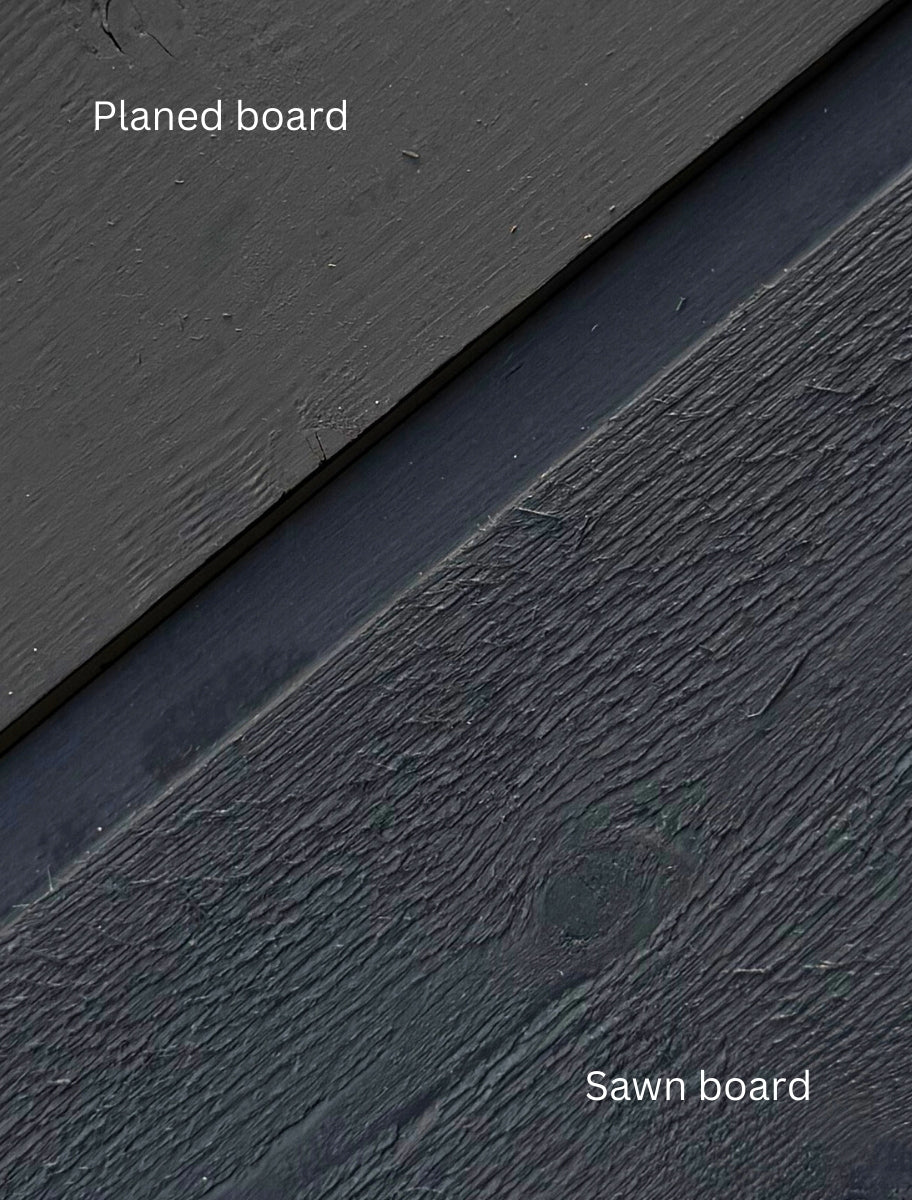 Comparison of planed board and sawn board painted with PainEco Linseed Oil Paint Graphite shade.