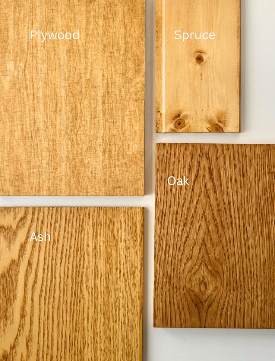Wood plank samples in different Tinted Hard Wax Oil Honey shades – oak, spruce, plywood, ash
