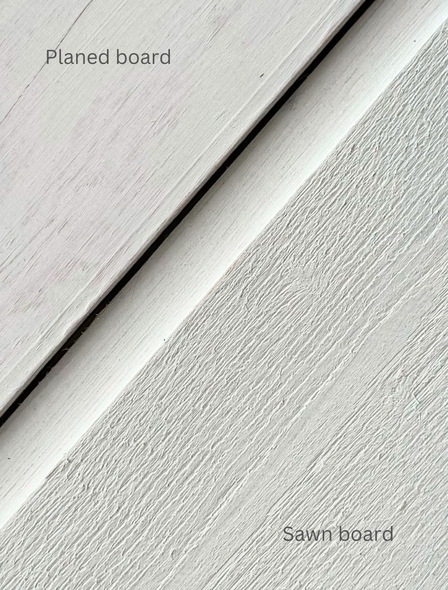 Planed board and sawn board treated with Paint Eco Linseed Oil Paint Seagull shade.